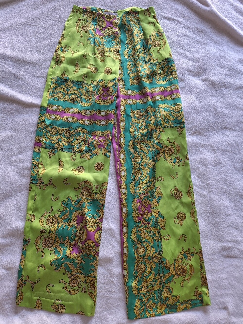 Mango MNG Satin Wide Leg Baroque Print Pants Green Gold Scarf Luxury Size 2